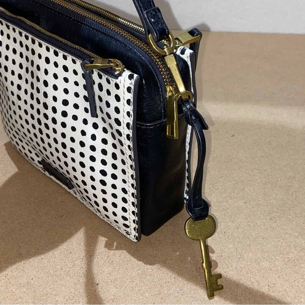 FOSSIL Polka Dot Brass Key Hardware Black White Leather Crossbody Square Bag - Picture 3 of 14